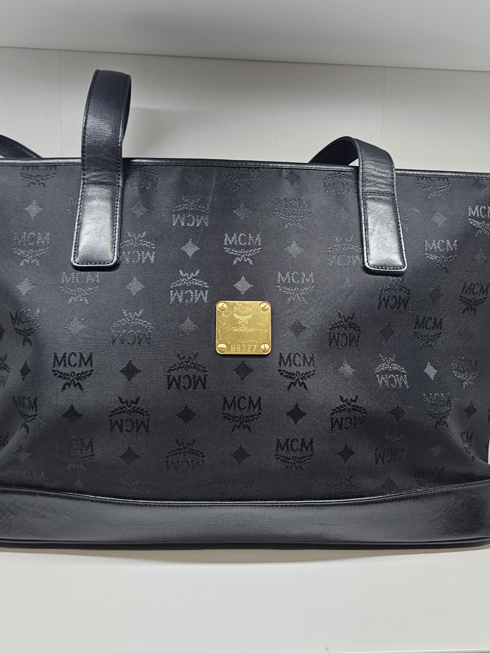 MCM Black Monogram Tote with Gold Plaque